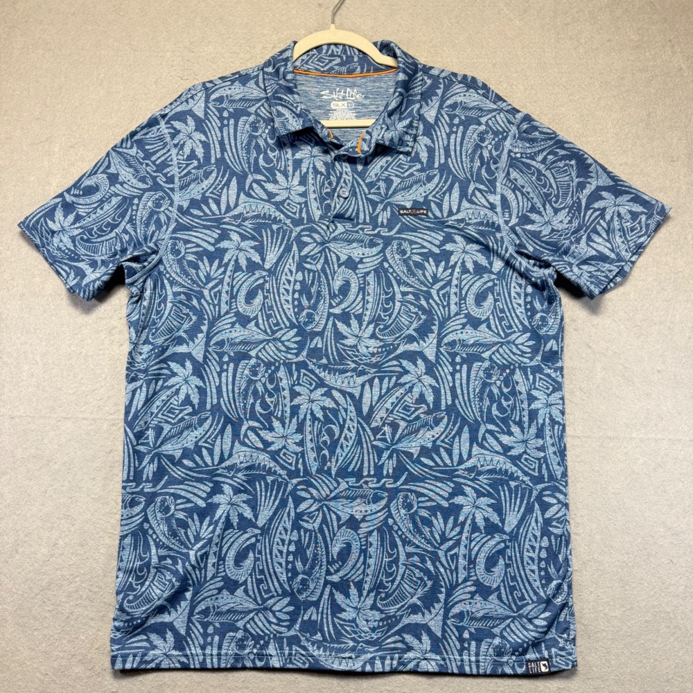 Salt Life SLX Mens Large Blue Tribal Nautical Performance Fishing Polo Shirt